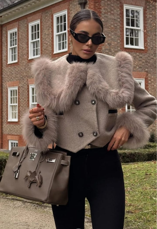 Double Breasted Cropped Jacket With Fur Collar Embellishment - Brown