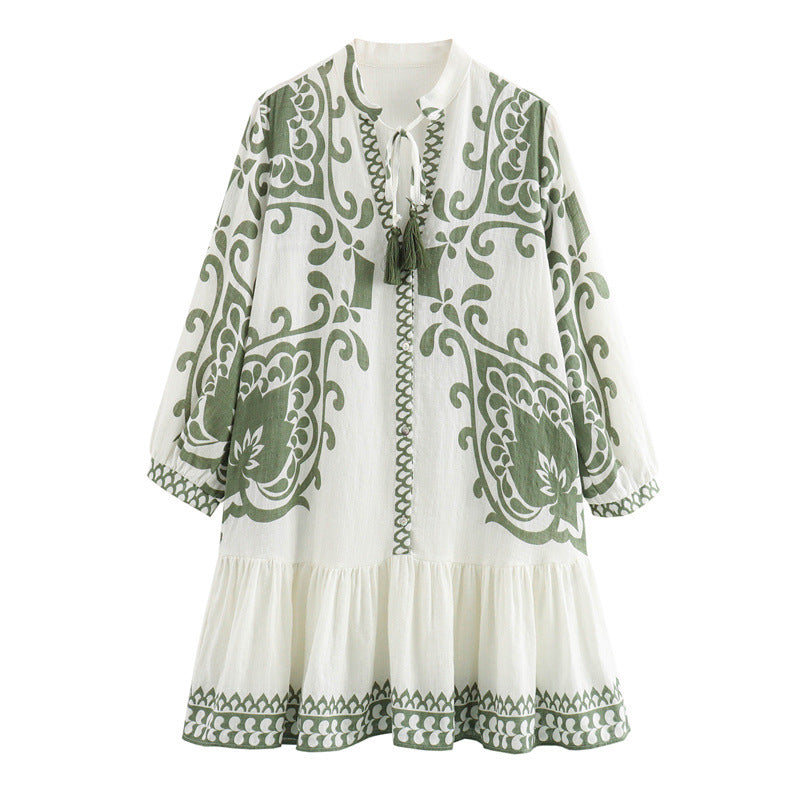 resort style green print  dress