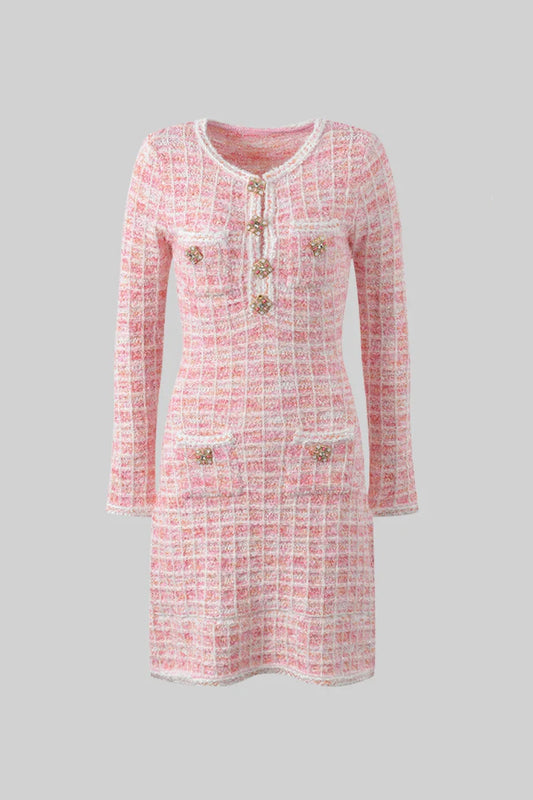 Tweed Mini Dress with Jewel Buttons - Pink