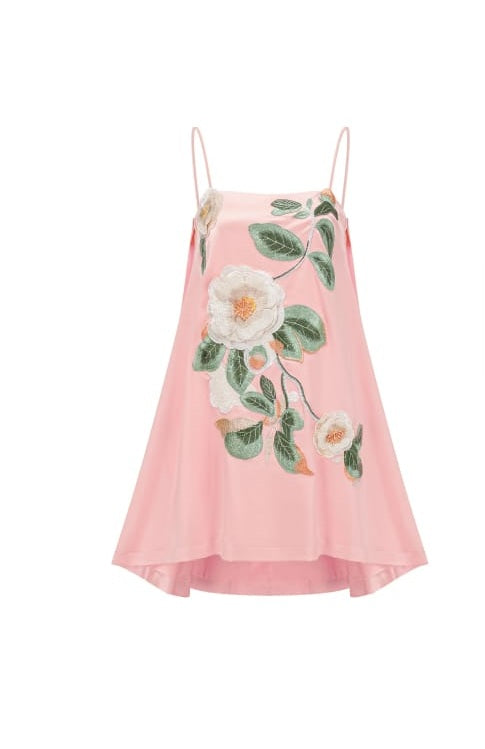 Avril Pink Floral Embroidered Satin Mini Dress