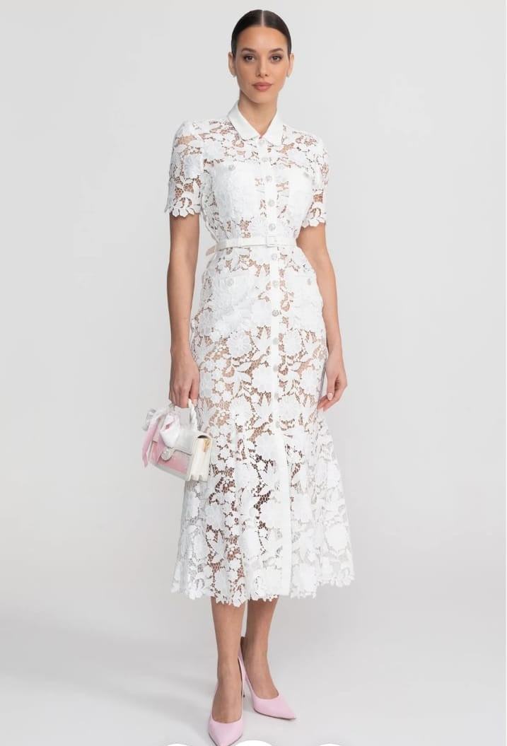 Lace Short Sleeve Midi Dress With Collared Neckline And Belted Waist - White
