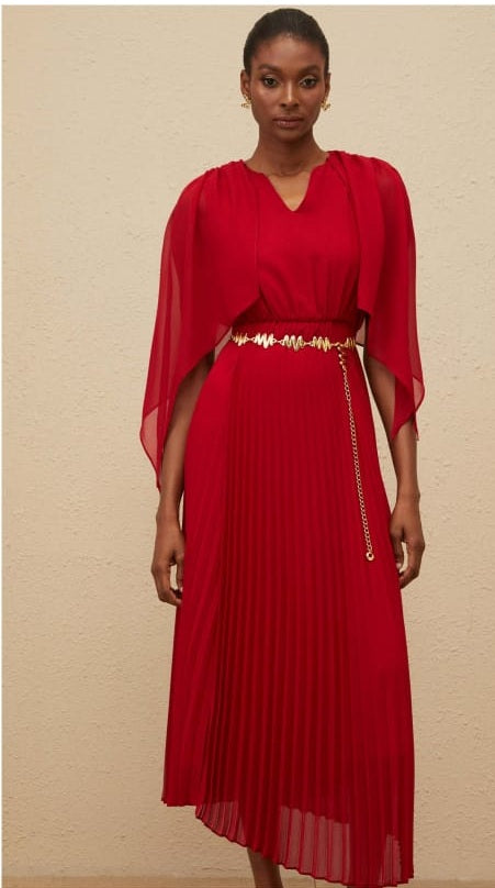Émilie Red Pleated Maxi Dress with Cape Detail