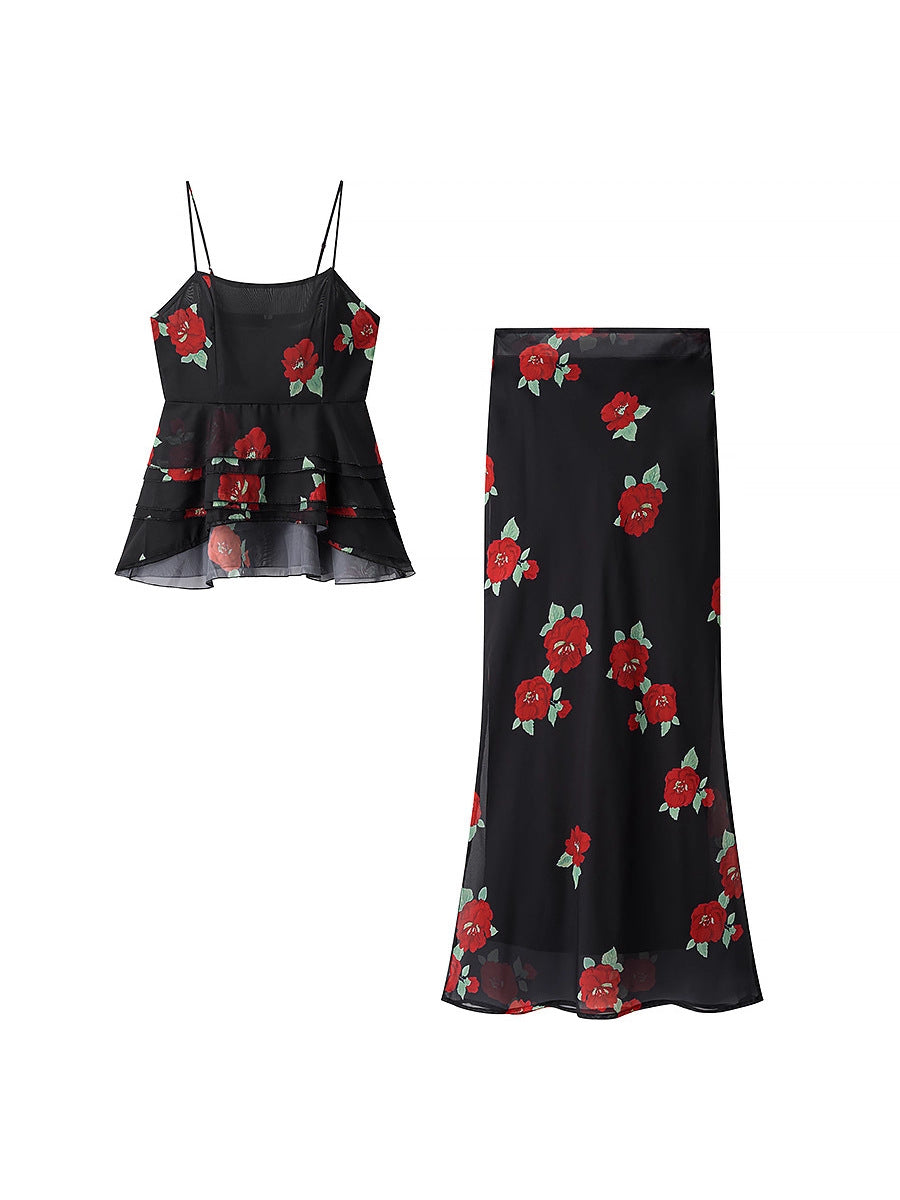 Flower Print Layered Decorative Skirt Suit