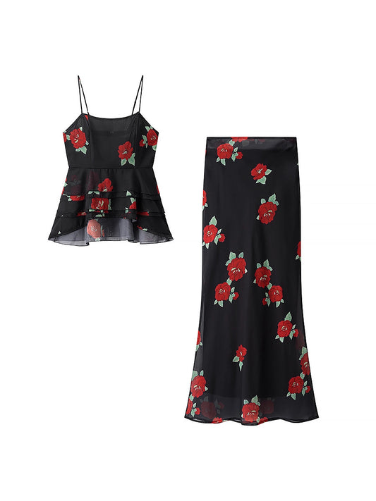 Flower Print Layered Decorative Skirt Suit