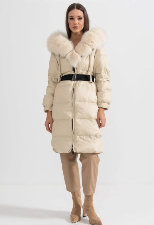 Long Puffer Jacket With White Fox Fur-Lined Hood -Beige