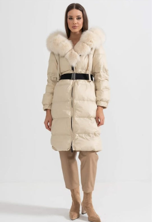 Long Puffer Jacket With White Fox Fur-Lined Hood -Beige