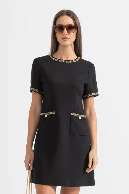 Short Sleeve Dress With Gold Stitching Details - Black