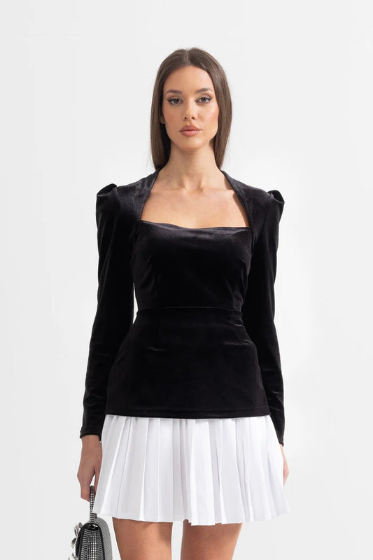 Two-Piece Velvet Ensemble With Contrasting Pleated Skirt - Black