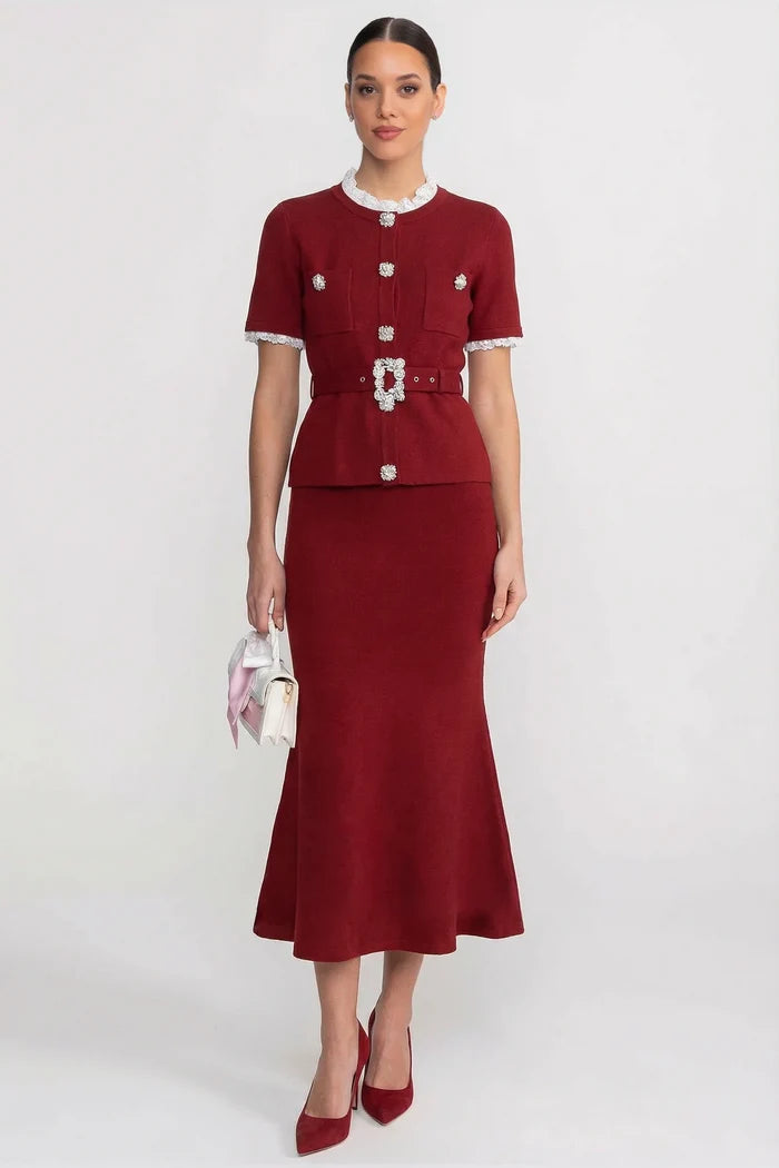 Short Sleeve Co-Ord With Peplum Waist And Crystal Button Belt - Burgundy