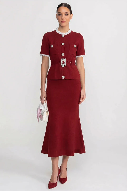 Short Sleeve Co-Ord With Peplum Waist And Crystal Button Belt - Burgundy