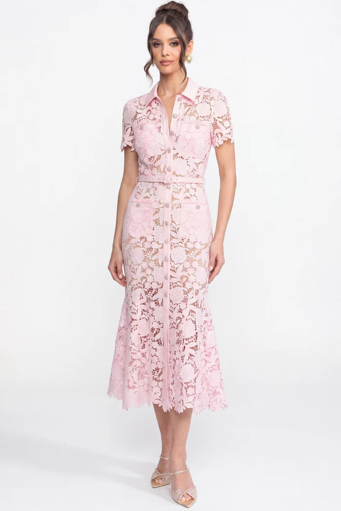 Lace Short Sleeve Midi Dress With Collared Neckline And Belted Waist - Pink