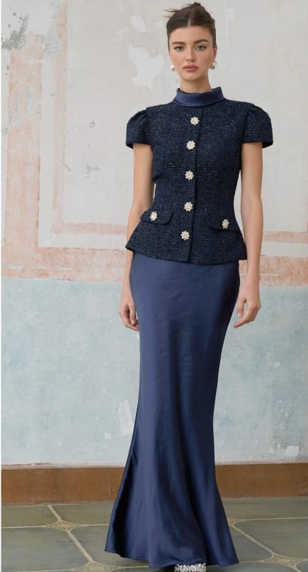 Josette blue peplum-waist panelled maxi dress