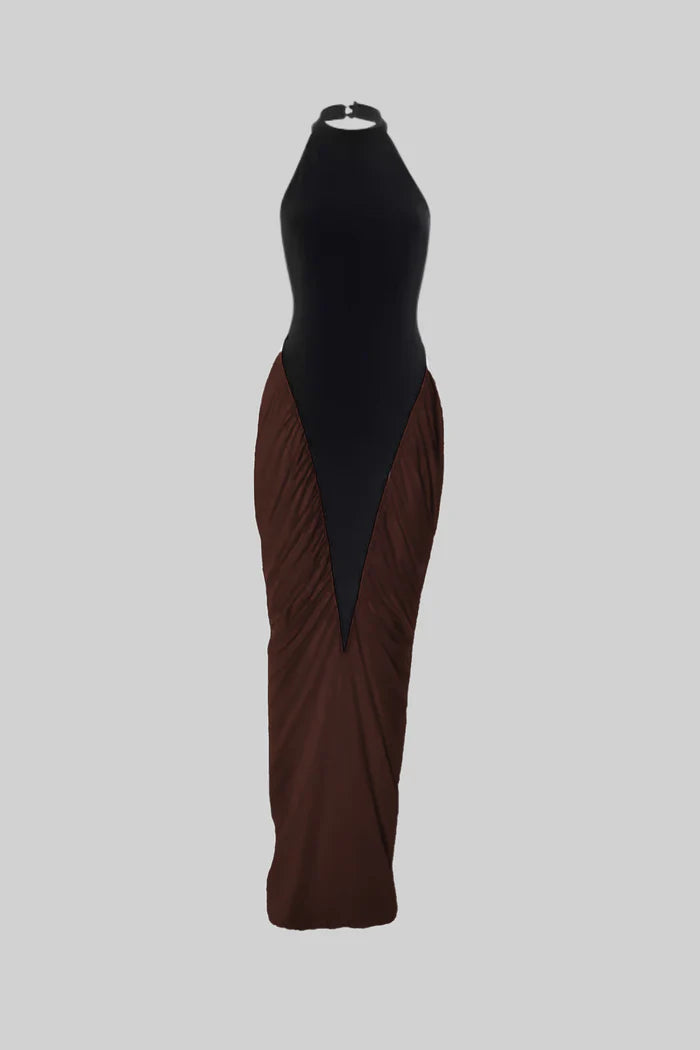 Halter Maxi Dress with Contrasting Ruched Paneling - Black/Brown