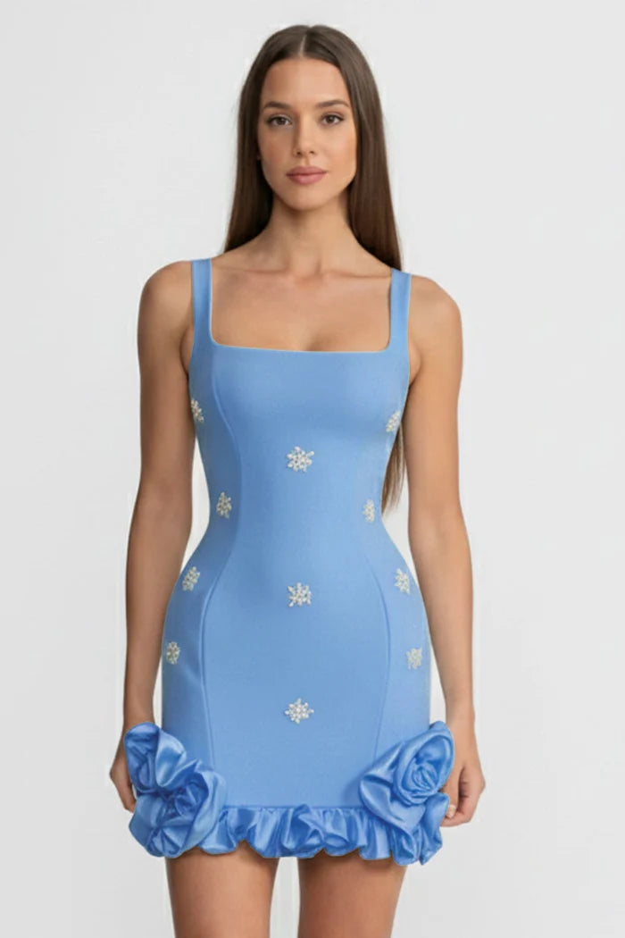 Embellished Bodycon Mini Dress With Crystal Flowers – Baby Blue