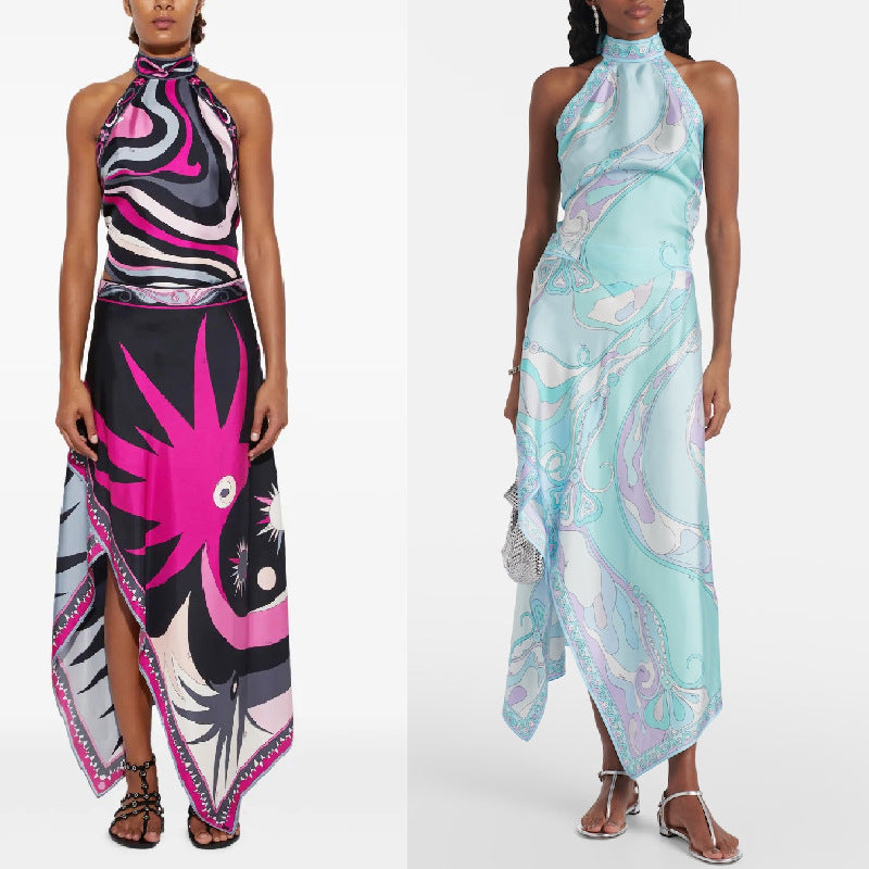 Printed satin hanging neck backless top irregular skirt two-piece suit