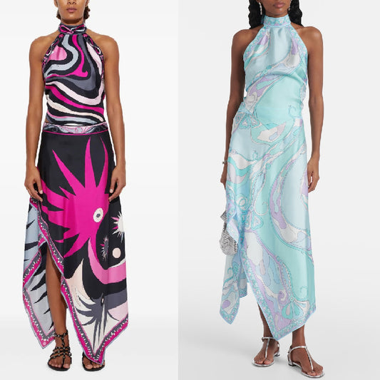 Printed satin hanging neck backless top irregular skirt two-piece suit