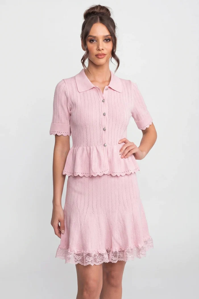 Polo-Collar with Button Top and Mini Skirt Set - Pink