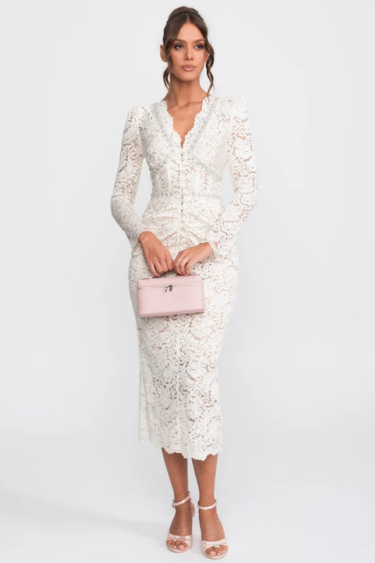 Lace Midi Dress With Crystal V-Neckline And Ruched Front Detail - Ivoire