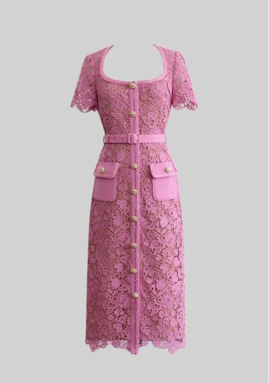 Exquisite Short Sleeve Lace Midi Dress - Rose