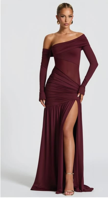 Anastasia Burgundy One Shoulder Gathered Maxi Dress