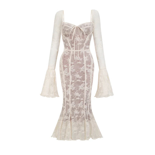 Marlene flared lace maxi dress in White