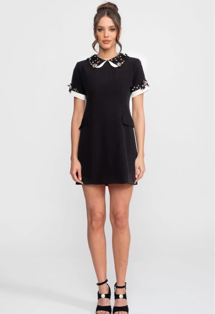 Mini Dress With Crystal-Embellished Peter Pan Collar And Jewel Cuffs - Black