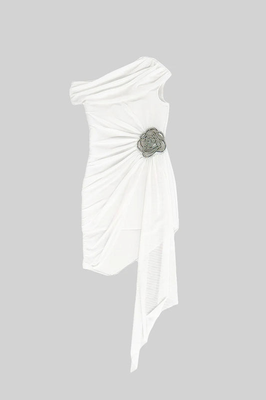 One-Shoulder Draped Dress With Silver Floral Brooch