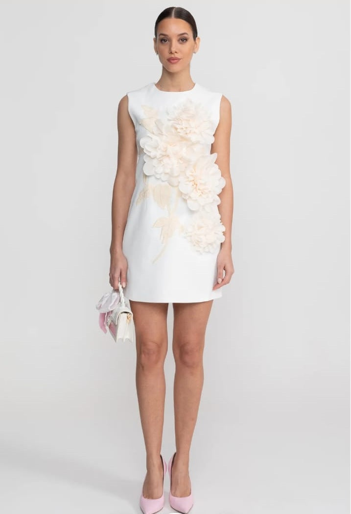 Sleeveless Mini Dress With Round Neckline And 3D Floral Appliqué - White