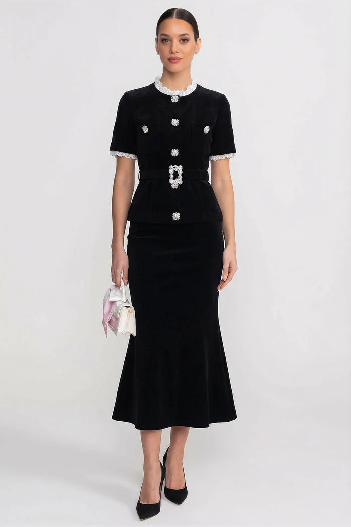 Short Sleeve Co-Ord With Peplum Waist And Crystal Button Belt - Black