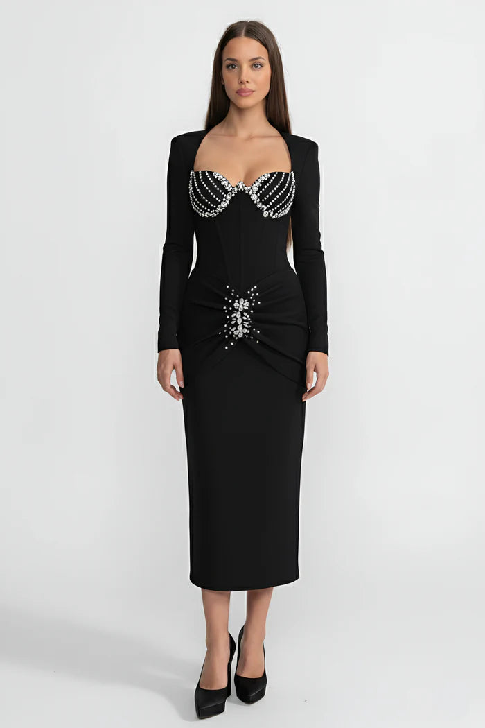 Crystal Embellished Corset Gown With Structured Bustier Bodice – Black