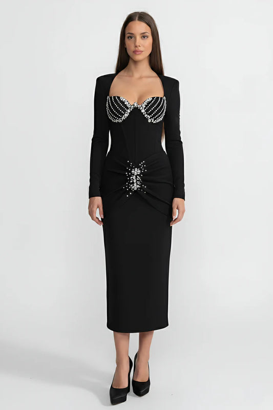 Crystal Embellished Corset Gown With Structured Bustier Bodice – Black