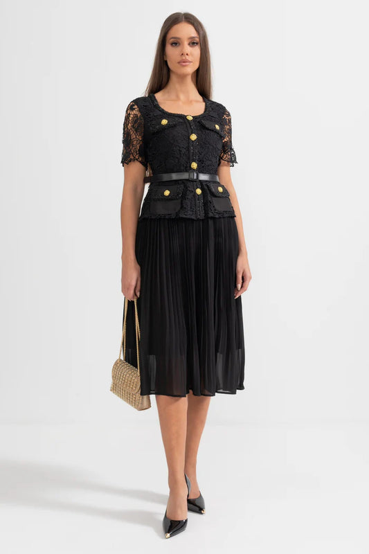 Elegant Short Sleeved Dress With Lace Top And Flared Skirt - Black