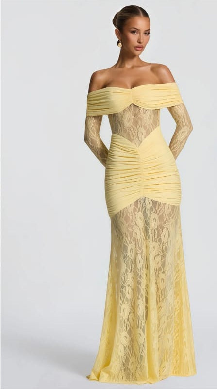 Brigitte Yellow Lace Panel Ruched Maxi Dress