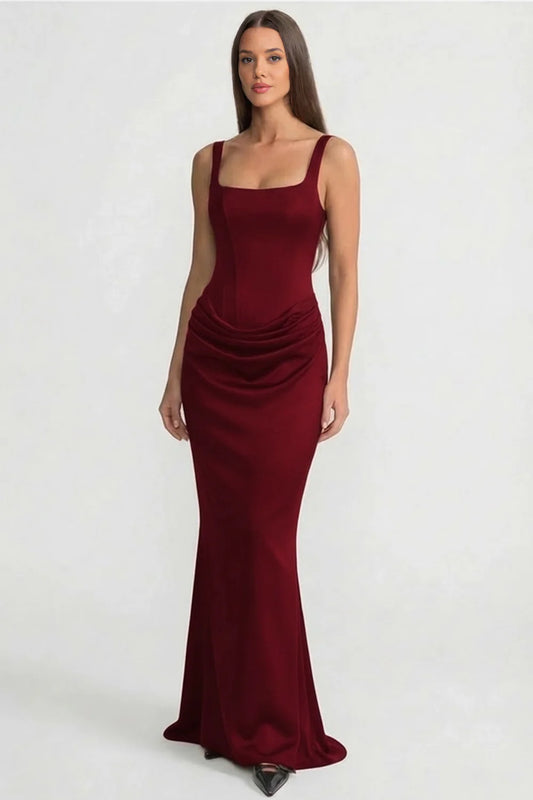 Corset Maxi Dress with Draped Hip Detail – Burgundy