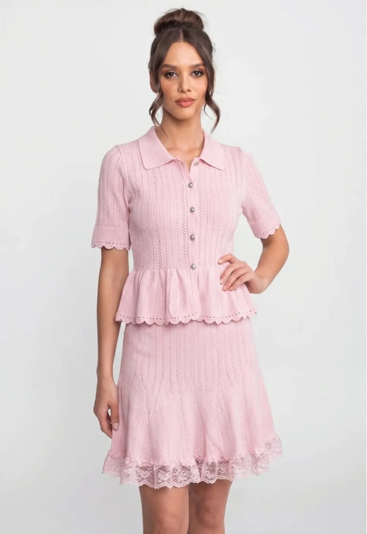Polo-Collar Mini Dress With Button Top, Peplum Waist And Lace Hem - Pink