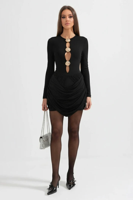 Draped Cut-Out Mini Dress With Sculptural Buttons – Black