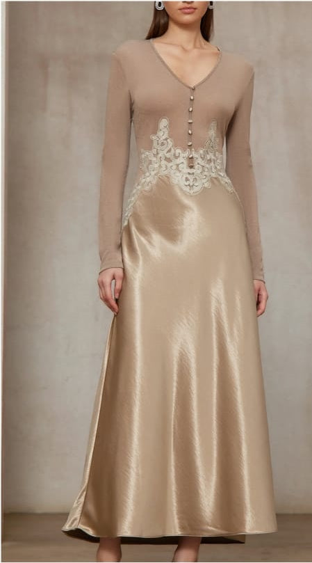 Szilvia Brown Knit Panel Satin Midi Dress