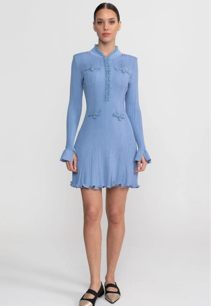 Ribbed Knit Mini Dress Trim Detailing - Blue