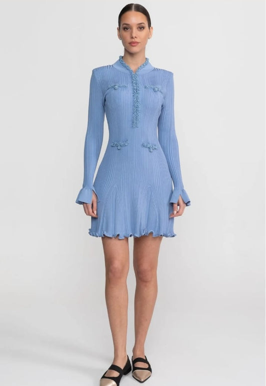 Ribbed Knit Mini Dress Trim Detailing - Blue