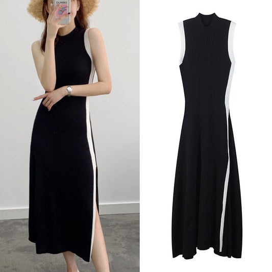 Black and White Contrast Pit Strip Side Slit Knit Midi Summer Dress