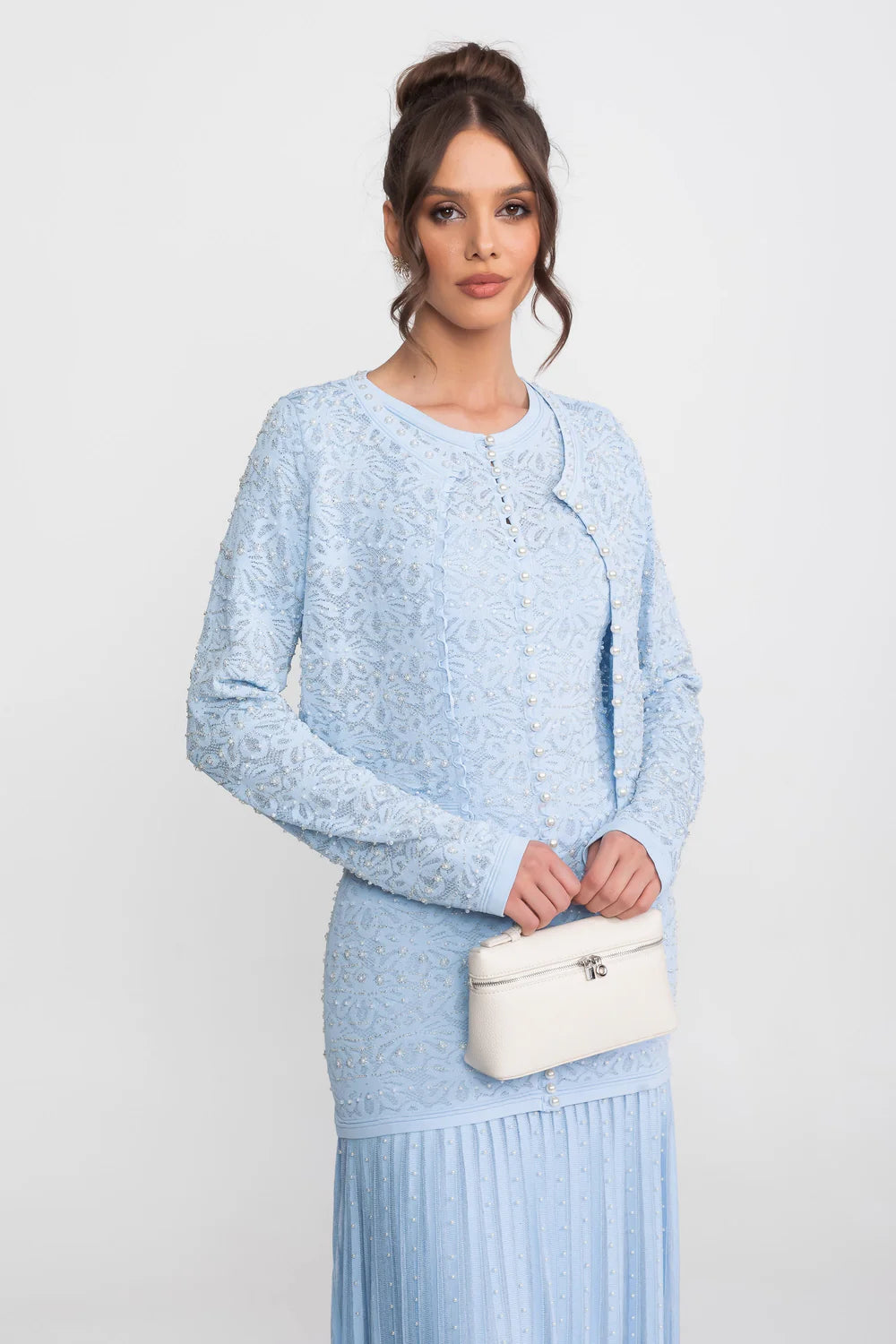 Embellished Long Sleeve Cardigan With Pearl Button Closure - Blue