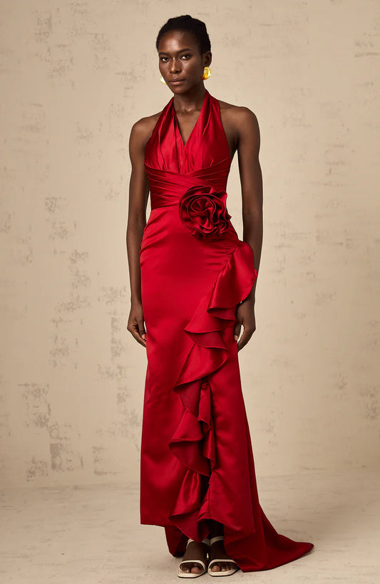 Letizia red halterneck 3d-petal ruffled maxi dress