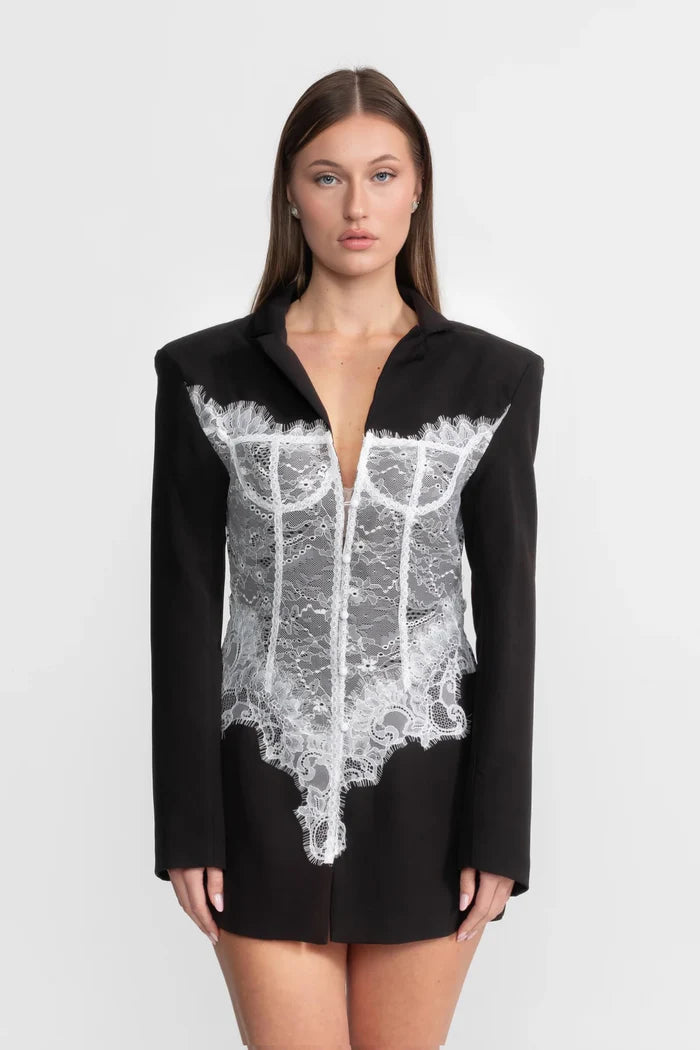 Lace Corset Blazer Dress With Deep V-neckline – Black