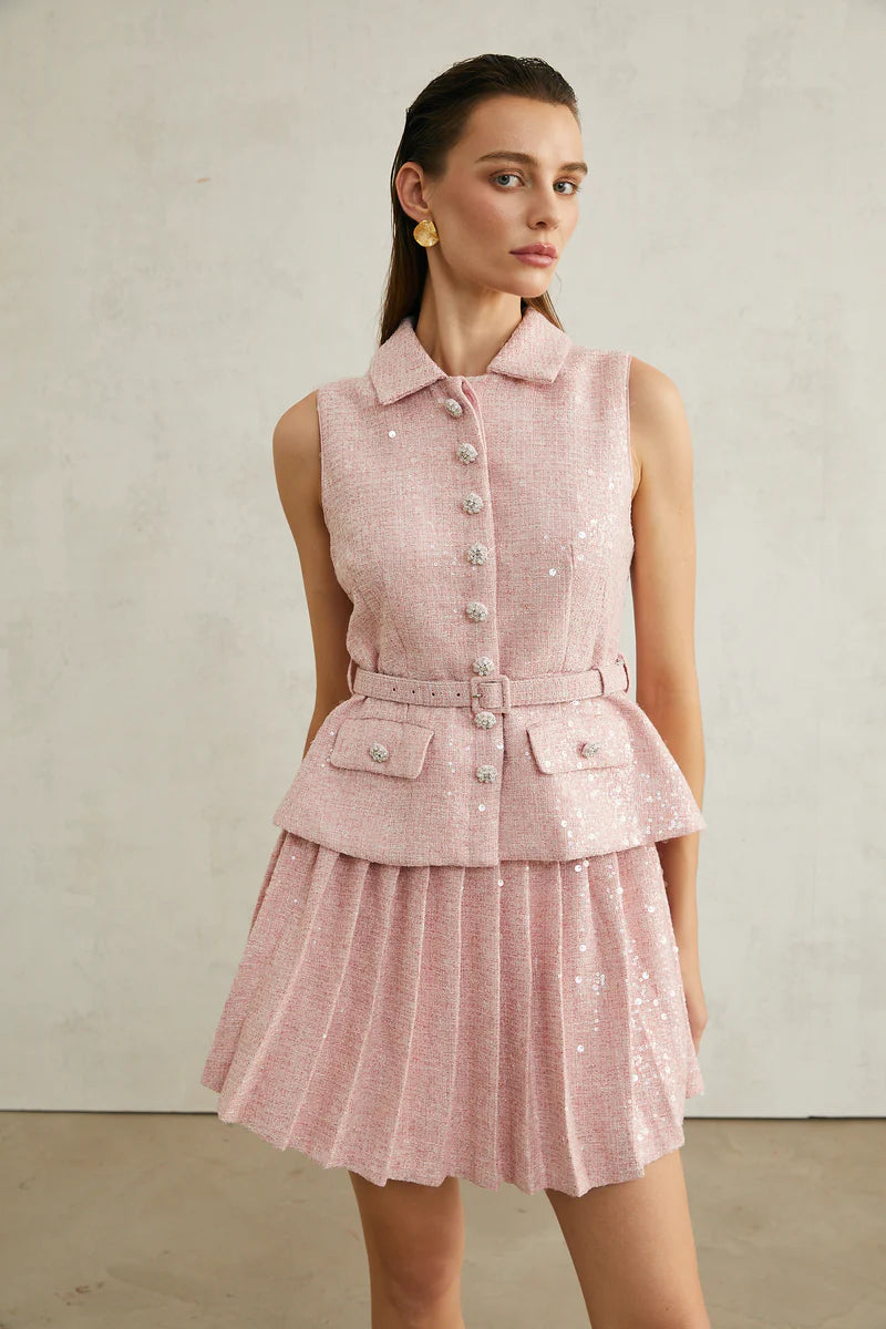 Élise Pink Pleed Embellied Mini Robe