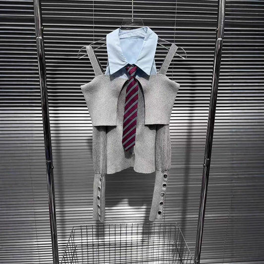 Tie Patchwork Knitted Off-Shoulder Design Shirt
