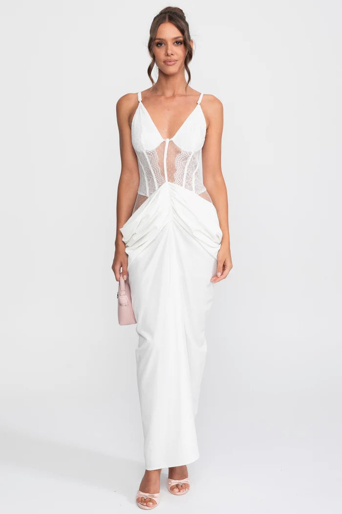 Lace Bodice Draped Gown With Spaghetti Straps - White
