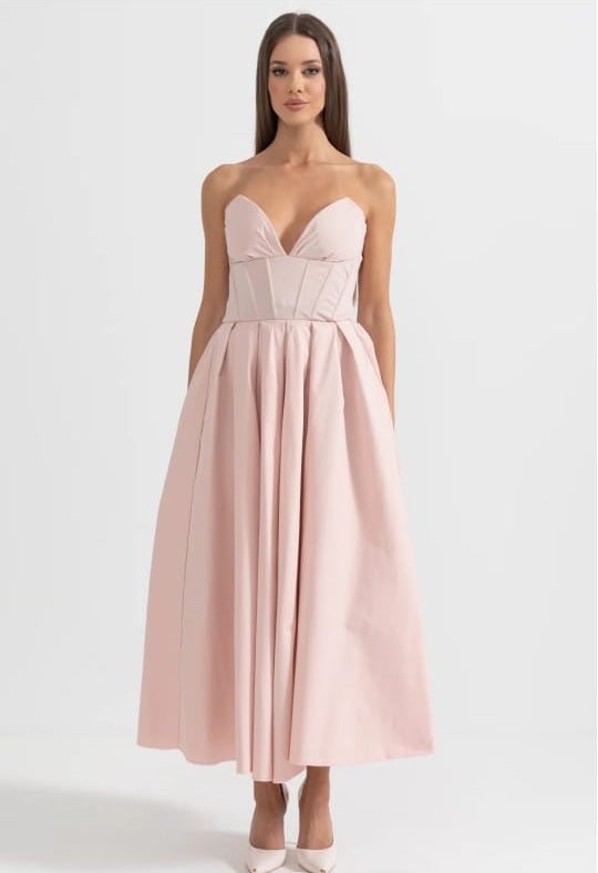 Sophisticated Strapless Midi Dress with Fitted Bodice - Peach