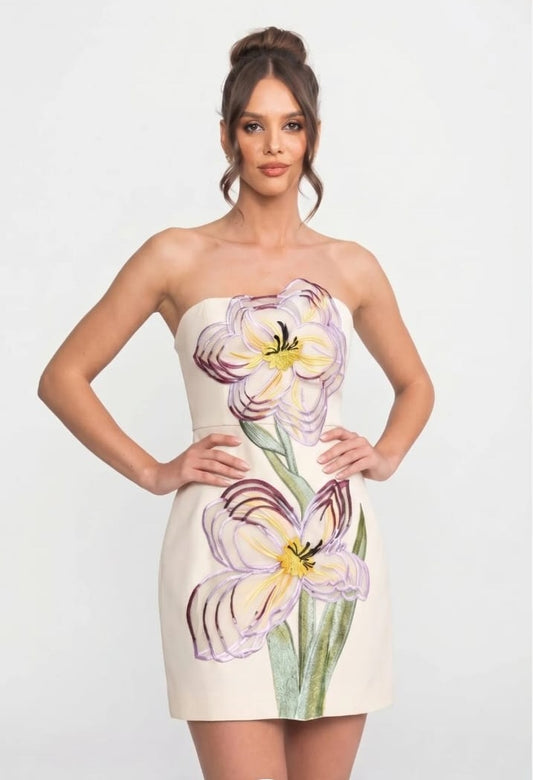 Strapless Mini Dress With 3D Iris Floral Appliqué - White