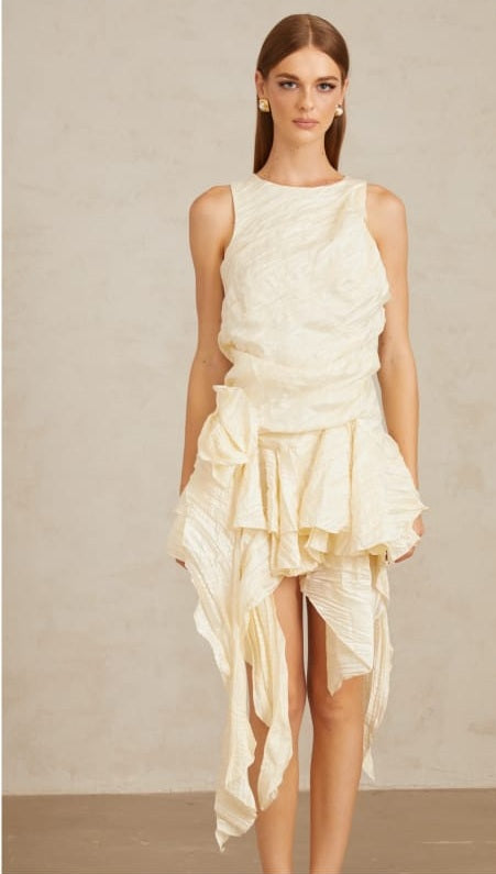 Helka Neutral Creased Asymmetrical Floral Mini Dress