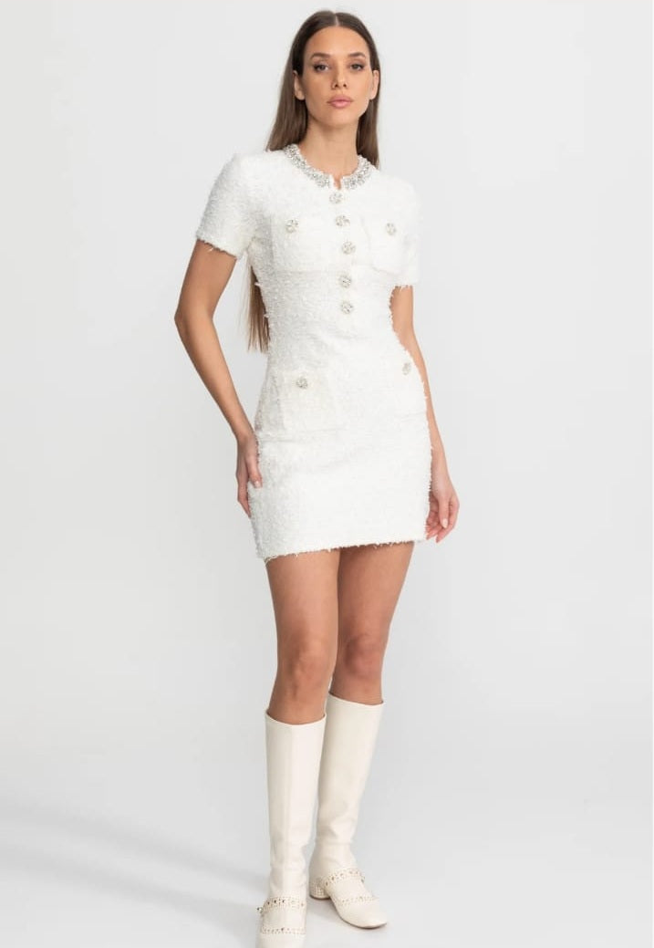 Embellished Tweed Mini Dress with Crystal Button Details – White